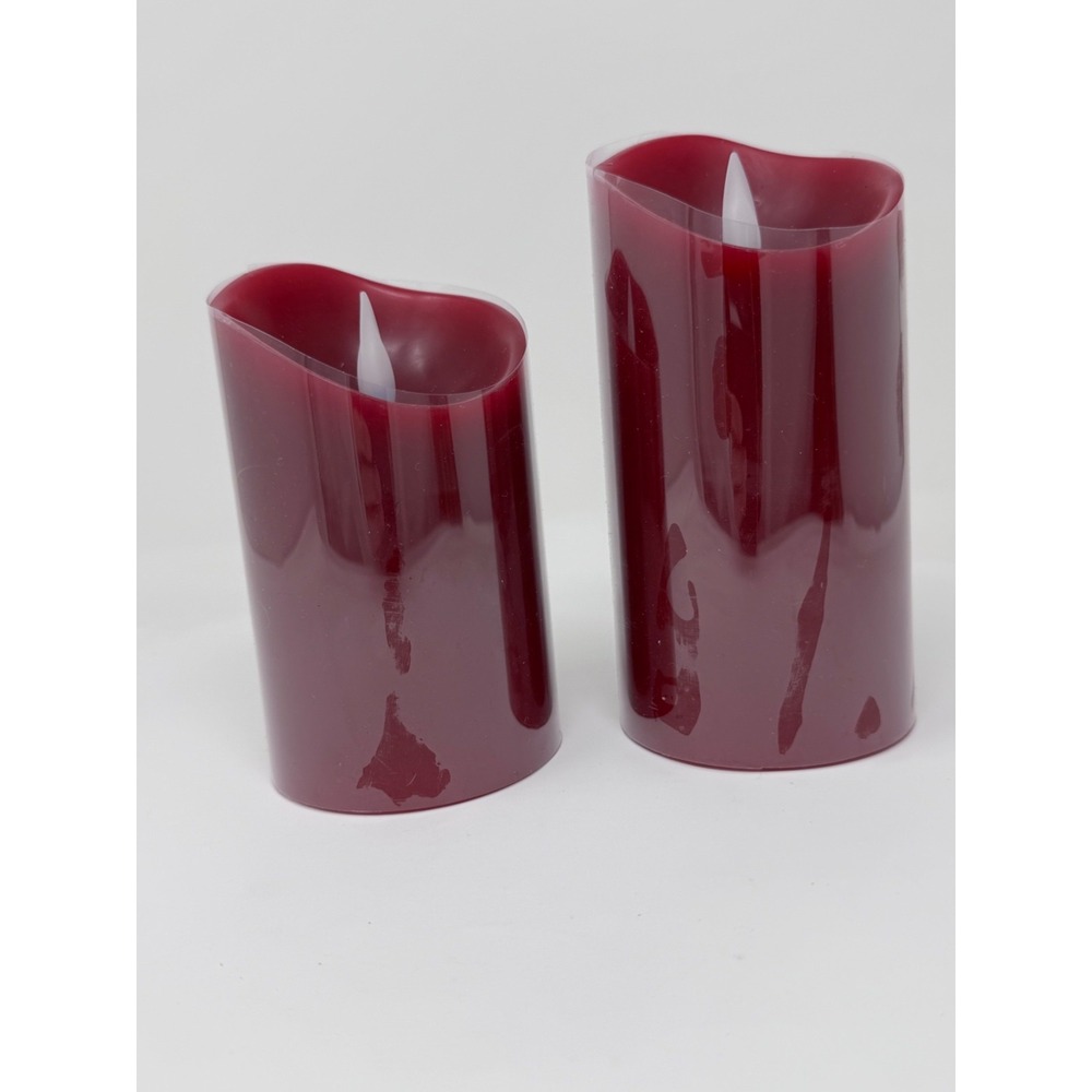 Set of 2 Flameless Flicker LED Pillar Wax Candles with Remote 5" 6" Burgundy Red - Picture 3 of 16